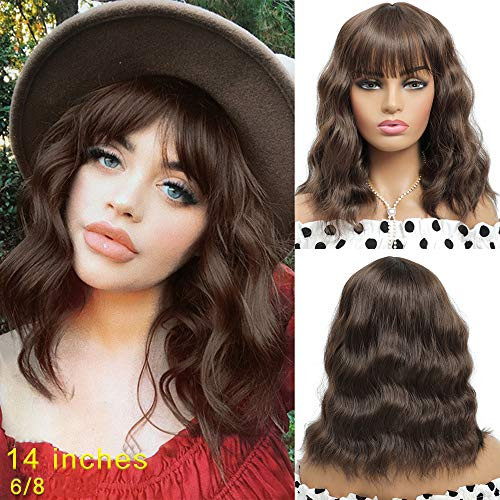 Short Curly Wavy Bob Wig with Bangs 14 inch Natural Brown Wig for Women Synthetic Velma Wig Heat Resistant False Hair