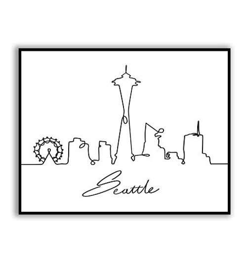 Seattle Skyline City Cityscape Art Seattle Minimalist One Line Drawing Print Modern Seattle Line Wall Art Print Seattle Landmark Doodle Art Print 8x10 inches UNFRAMED