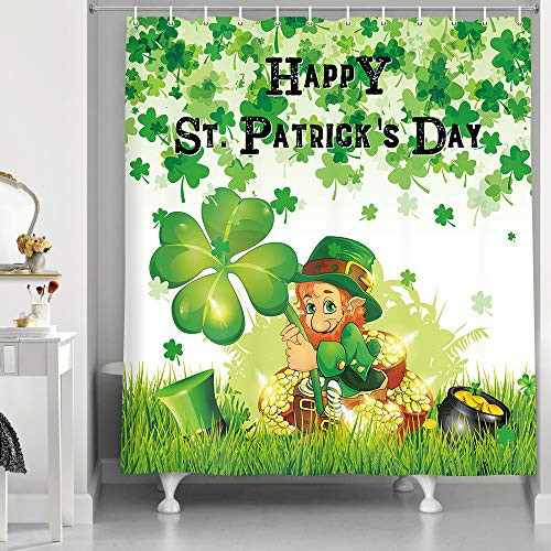 NYMB Happy St. Patricks Day Shower Curtains Green Clover Shamrock Leaf Irish Gnome Elf with Gold Coins and Hat on Grass Spring Holiday Bathroom Curtains Waterproof Fabric Bath Curtain with Hooks