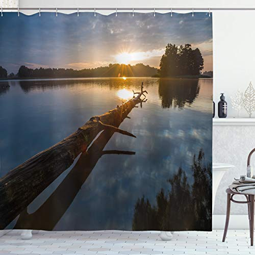 Ambesonne Driftwood Shower Curtain Natural Theme Landscape of Driftwood and Lake in Poland a Sunny Summer Day Cloth Fabric Bathroom Decor Set with Hooks 70 inch Long Blue Grey