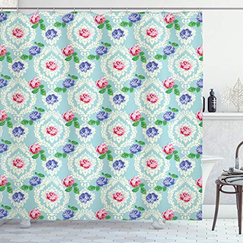 Ambesonne Shabby Flora Shower Curtain Baroque Inspired Colorful Roses on Victorian Pattern Fragrance Buds Art Cloth Fabric Bathroom Decor Set with Hooks 70 inch Long Pale Blue