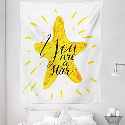 Lunarable Saying Tapestry Twin Size Cartoon You are a Star Lettering Lines Show Image Wall Hanging Bedspread Bed Cover Wall Decor 68 inch X 88 inch Yellow White