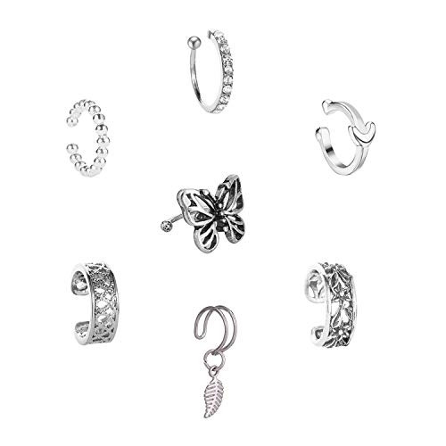 7pcs Ear Cuffs Silver Helix Cartilage Conch Clip on Wrap Earrings Non-Piercing Fake Huggie Cuff Earrings Set for women