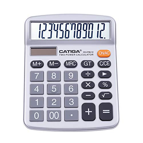 Desktop Calculator 12 Digit with Large LCD Display and Sensitive Button Solar and Battery Dual Power Standard Function for Office Home School CD-2786 -Silver-