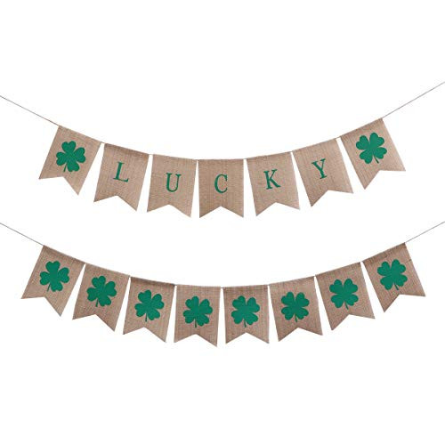 Amosfun St. Patricks Day Decorations Irish Lucky Four Leaf Clover Shamrock Burlap Banner Flags -Green Set-