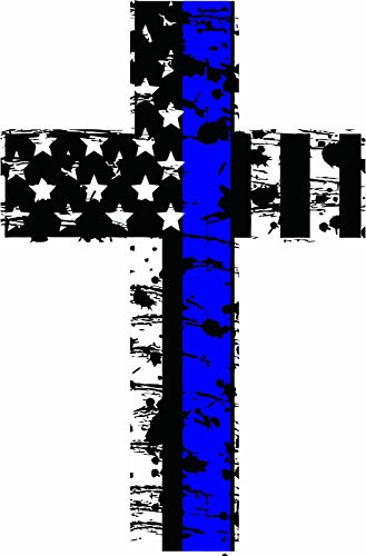 Evan Decals Thin blue line Distressed American Flag Police Christian Cross Reflective Decal Vinyl Sticker 4 inch