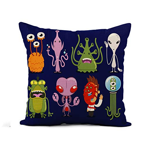 Awowee Flax Throw Pillow Cover Green Mars Space Alien UFO Monster Tentacle Spacecraft Invaders 18x18 Inches Pillowcase Home Decor Square Cotton Linen Pillow Case Cushion Cover