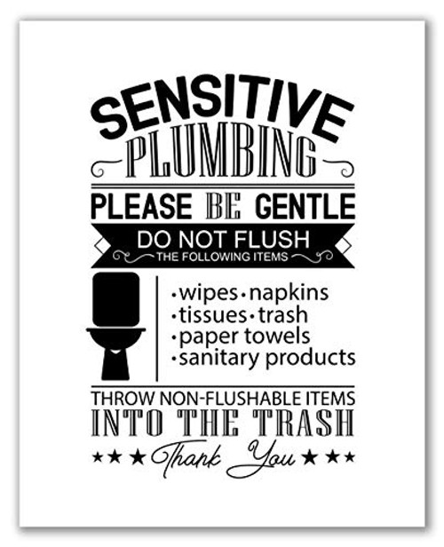 Septic System Sign 8 inch x 10 inch - Unframed Sensitive Plumbing Flush Toilet Sign Do Not Flush Sign Toilet Sign Restroom Sign Bathroom Decor Sign Farmhouse Bathroom Sign