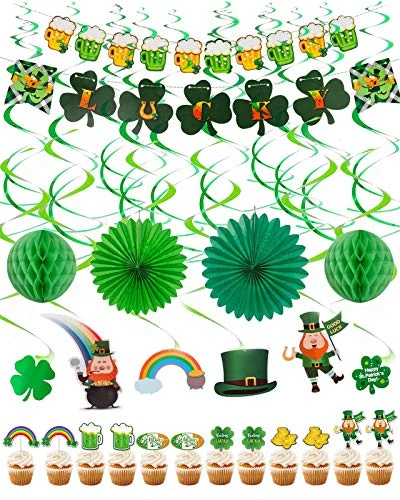 St. Patricks Day Party Decorations 30 Pieces Irish St. Patricks Day Hanging Swirls with Lucky Green Shamrock Leprechauns Saint Patrick Poms Banners Cupcake Toppers for Lucky Day Home Office Decoration Party Supplies Decor