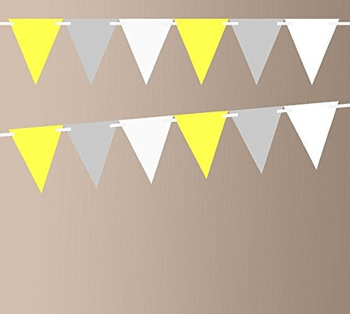 Yellow Grey Shimmer White 10ft Vintage Pennant Banner Paper Triangle Bunting Flags for Weddings Birthdays Baby Showers Events  and  Parties