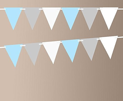 Metalic Grey Baby Blue Shimmer White 10ft Vintage Pennant Banner Paper Triangle Bunting Flags for Weddings Birthdays Baby Showers Events  and  Parties