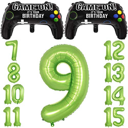 Video Game Party Balloons for Boys 9th Birthday Decorations- 2 Packs Game Controller Mylar Balloons with Green Number Balloons 9