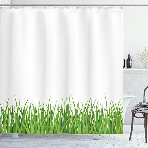 Ambesonne Green Shower Curtain Fresh Grass Lawn Horizontal Pattern Nature Outdoors Meadow Gardening Theme Cloth Fabric Bathroom Decor Set with Hooks 70 inch Long Lime Green White