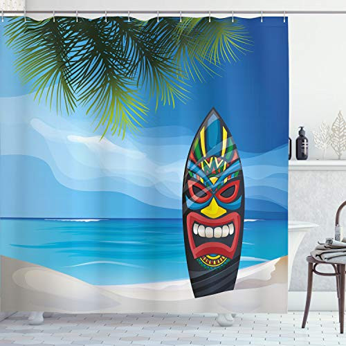 Ambesonne Tiki Bar Shower Curtain Tiki Warrior Design Surfboard on Ocean Beach Abstract Landscape Surf Print Cloth Fabric Bathroom Decor Set with Hooks 70 inch Long Blue Green
