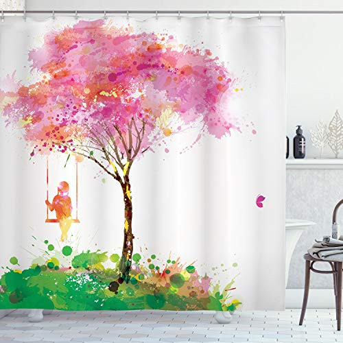 Ambesonne Spring Shower Curtain Spring Blossoming Tree and Dreaming Girl on Swing Chilhood Memories Watercolor Art Cloth Fabric Bathroom Decor Set with Hooks 70 inch Long Pink Yellow