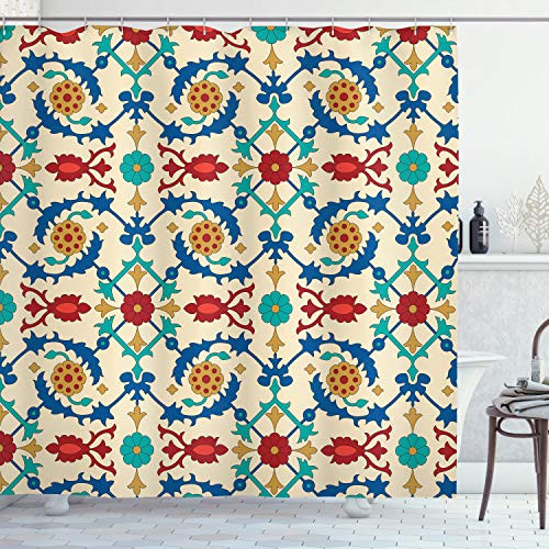 Ambesonne Moroccan Shower Curtain Nostalgic Eastern Art Motifs with Floral Ornaments with Baroque Inspiration Ethnic Cloth Fabric Bathroom Decor Set with Hooks 75 inch Long Champagne Red