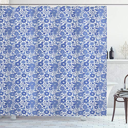 Ambesonne Dutch Shower Curtain Delft Style Flowers in Doodle Style Abstract Petals Leaves Butterflies Cloth Fabric Bathroom Decor Set with Hooks 70 inch Long Violet Blue