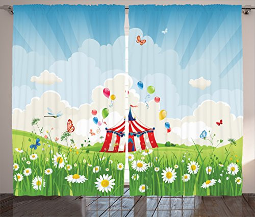 Ambesonne Circus Curtains Travelling Circus Under Blue Sky Flowers Flying Butterflies Lawn in Grassland Print Living Room Bedroom Window Drapes 2 Panel Set 108 inch X 84 inch Blue Green