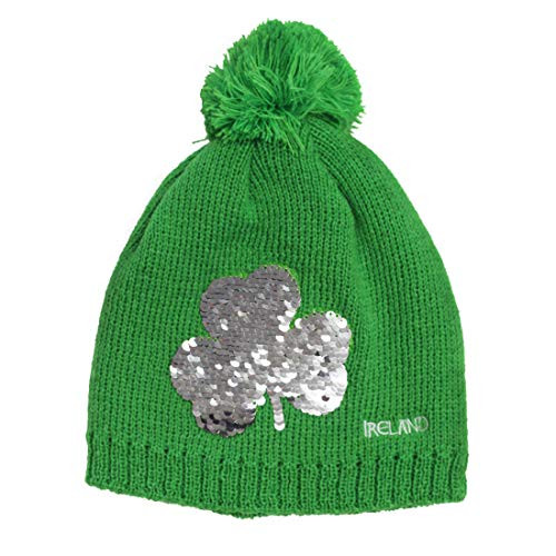 Carrolls Irish Gifts Emerald Green Kids Knitted Bobble Hat with Sequins Designed Shamrock