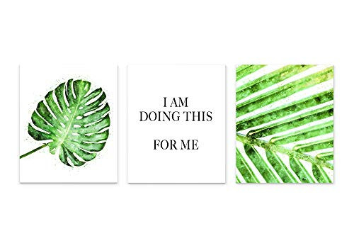 Modern Green Tropical Leaf Typography I Am Doing This For Me Saying Wall Art Set of 3 8x10 inch Unframed Print Poster With Inspirational Quote for Office Yoga or Home Decor