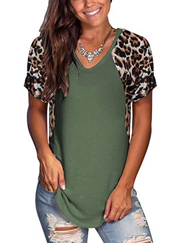 Uincloset Womens Leopard Print Patchwork Short Sleeve V Neck T Shirt Casual Tops Blouses -Army GreenSmall-