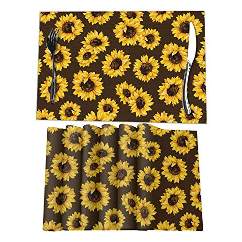 VunKo Rustic Sunflowers Placemats Set of 6 Floral Washable Cloth Table Place Mats Rectangle 12 inch x 18 inch for Kitchen Dining Table Home Decoration Brown