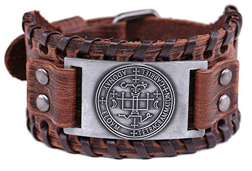 VASSAGO Vintage Amulet The Sigil of Archangel Gabriel Seal of Solomon Talisman Belt Buckle Brown Leather Bracelet for Men Women -Brown Leather Antique Silver- VASSAGO Vintage Amulet The Sigil of Archangel Gabriel Seal of Solomon Talisman Belt Buckle Brown Leather Bracelet for Men Women -Brown Leather Antique Silver-