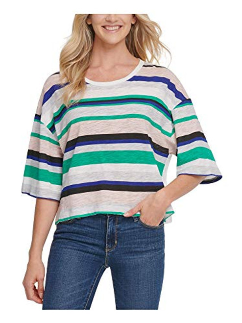 DKNY Womens Green Striped 3/4 Sleeve Jewel Neck Blouse Top Size M