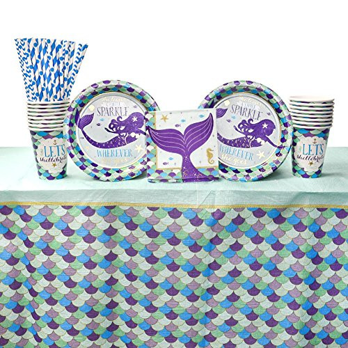 Mermaid Wishes Party Supplies Pack for 16 Guests: Straws, Dessert Plates, Beverage Napkins, Table Cover, and Cups