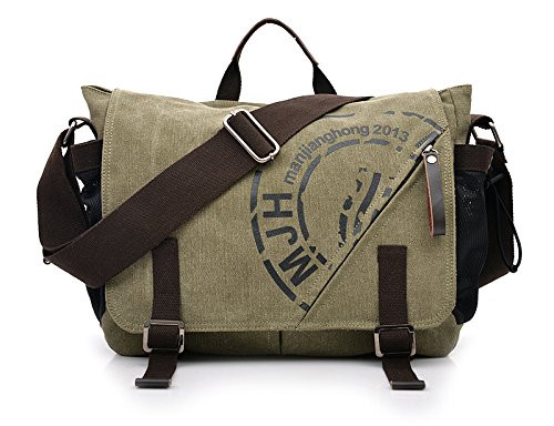 Ecokaki(TM) Vintage Printed Canvas Shoulder Bag Teenager School Students Messenger Bag Laptop Crossbody Bags Satchel Handbags, Army Green
