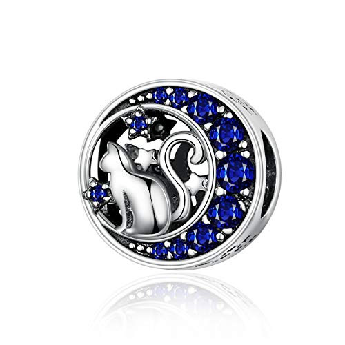BAMOER Starry Moon Cat Charm 925 Sterling Silver Pendant Charm Stopper Bead for European DIY Snake Chain Bracelet Women Gift BAMOER Starry Moon Cat Charm 925 Sterling Silver Pendant Charm Stopper Bead for European DIY Snake Chain Bracelet Women Gift