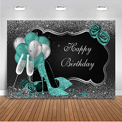 Mocsicka Teal Silver Happy Birthday Backdrop Glitter Green Balloons High Heels Champagne Womans Birthday Photography Background Sweet 16th 21st 30th 40th Bday Photo Backdrops -7x5ft- Mocsicka Teal Silver Happy Birthday Backdrop Glitter Green Balloons High Heels Champagne Womans Birthday Photography Background Sweet 16th 21st 30th 40th Bday Photo Backdrops -7x5ft-