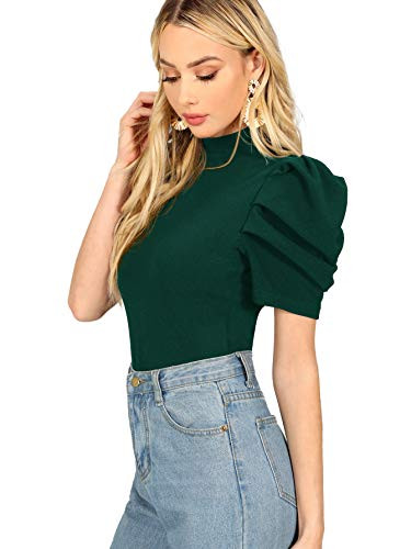 Floerns Womens Frill Neck Puff Sleeve Solid Tee Blouse Tops Green S