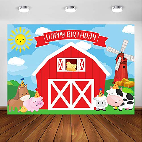 Avezano Farm Backdrop for Kids Birthday Party Decorations Red Barn Farm Animal Photography Background Cartoon Farm Animals Happy Birthday Party Banner Photoshoot Backdrops -7x5ft-