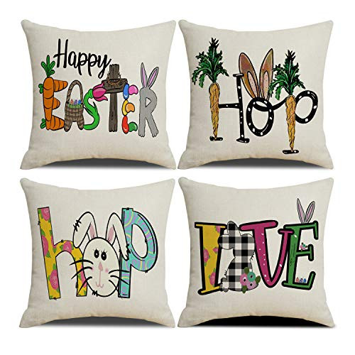 QIQIANY Set of 4 Easter Throw Pillow Covers 18 x 18 Inch Easter Bunny Cushion Cover Happy Easter Decorations Pillow Case for Sofa Couch Bedroom QIQIANY Set of 4 Easter Throw Pillow Covers 18 x 18 Inch Easter Bunny Cushion Cover Happy Easter Decorations Pillow Case for Sofa Couch Bedroom