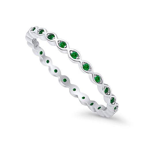 Blue Apple Co. 2mm Full Eternity Stackable Band Ring Round Simulated Green Emerald 925 Sterling Silver