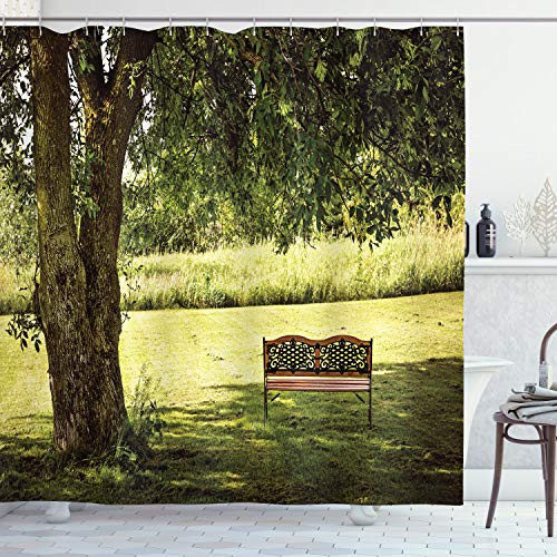 Ambesonne Tree Shower Curtain Wooden Bench Under Shady Big Tree in The National Park Fresh Tranquil Scenery Cloth Fabric Bathroom Decor Set with Hooks 70 inch Long Green Black