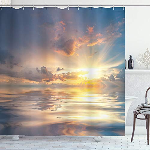 Ambesonne Ocean Shower Curtain Mystic Sunset Over Sea Reflection in Water Majestic Clouds in The Sky Cloth Fabric Bathroom Decor Set with Hooks 70 inch Long Yellow Peach