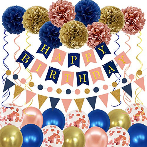 Navy Rose Gold Birthday Decorations - Paper Pom Poms Flower Happy Birthday Banner Circle Dots Garland Pennant Latex Balloons Birthday Decorations for Women Men Girls Navy Blue Rose Gold Party Supplies Navy Rose Gold Birthday Decorations - Paper Pom Poms Flower Happy Birthday Banner Circle Dots Garland Pennant Latex Balloons Birthday Decorations for Women Men Girls Navy Blue Rose Gold Party Supplies