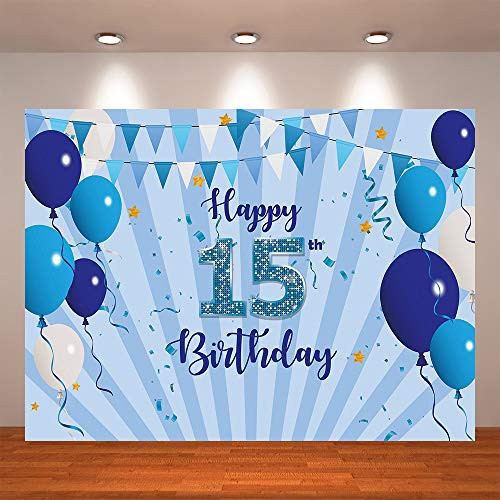 Crefelicid 7x5ft Happy 15th Birthday Backdrop Blue Bollons Children Birthday Background Decorations Cakes Candles Gifts for Kids Party Photo Booth Birthday Banner