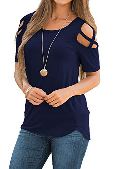 Sarin Mathews Womens Summer Strappy Cold Shoulder Short Sleeve Tunic Tops Casual Tees Loose Basic T Shirts Blouses Navy L Sarin Mathews Womens Summer Strappy Cold Shoulder Short Sleeve Tunic Tops Casual Tees Loose Basic T Shirts Blouses Navy L