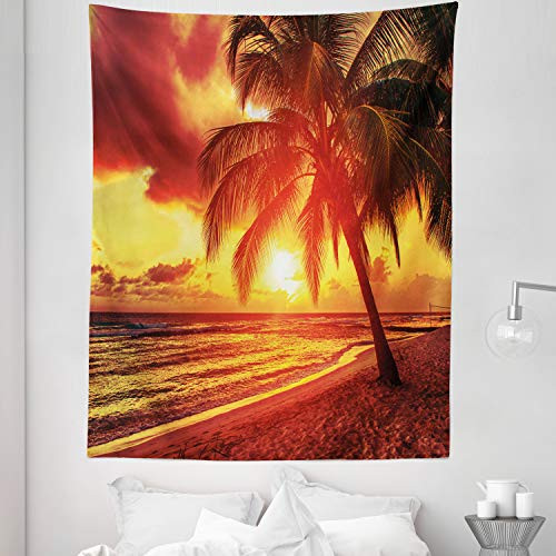 Lunarable Beach Tapestry Twin Size Sunset at The Calm Beach with Palms Exotic Caribbean Island Barbados Scenic View Wall Hanging Bedspread Bed Cover Wall Decor 68 inch X 88 inch Orange Yellow