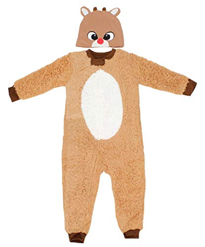 Rudolph the Red Nosed Reindeer Little Girls Plush Onesie Pajama with Matching Reindeer Beanie Hat 2T Rudolph Brown