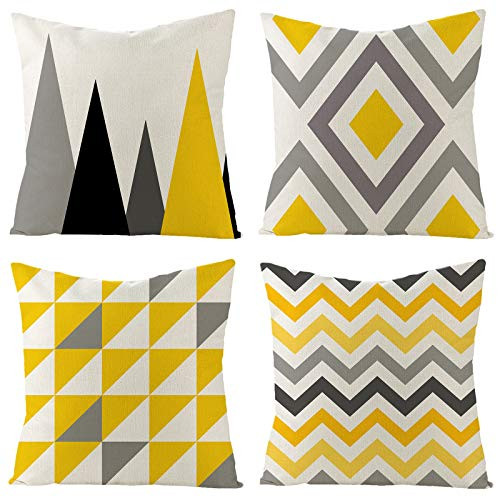 Tosewever Set of 4 Decorative Geometric Yellow Grey 18 x 18 Inches Throw Pillow Covers - Modern Pattern Linen Square Pillow Cushion Case for Sofa Couch Bed Home Decor Outdoor -18 inch x 18 inch Yellow/Gray-