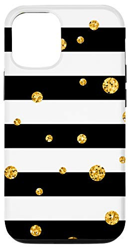 iPhone 12/12 Pro Cute Gold Polka Dot Lines - Black White Stripes Pattern Case