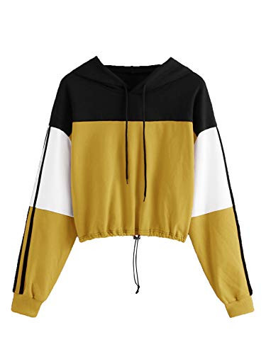 SweatyRocks Womens Casual Long Sleeve Colorblock Pullover Hoodie Sweatshirt Crop Top Black Mustard Large