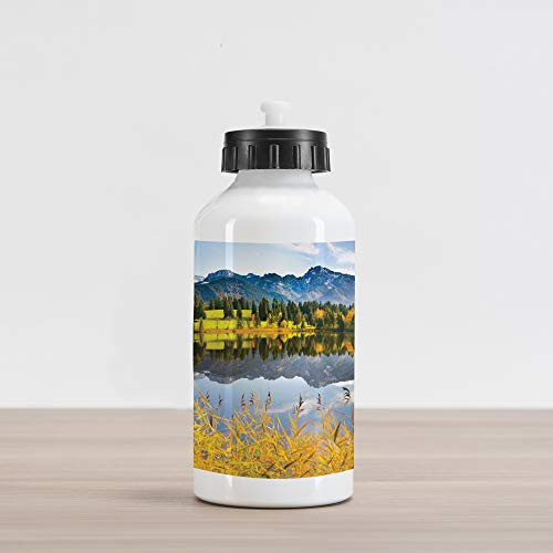 Ambesonne Nature Aluminum Water Bottle Pastoral Countryside Scenery by The Lake with Reflections Alpine Meadow Picture Aluminum Insulated Spill-Proof Travel Sports Water Bottle Multicolor