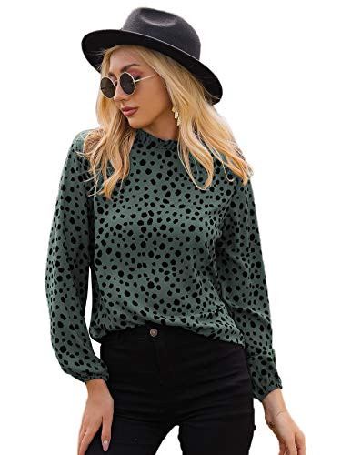 Romwe Womens Polka Dots Frill Mock Neck Long Sleeve Work Blouse Tops Dark Green M