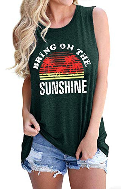 Bring On The Sunshine Tank Top Women Funny Summer Beach Vest Casual Vacation Graphic Tee Sleeveless Shirts -Green M-