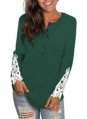 Womens Tops Long Sleeve Round Neck Shirts Button Lace Henley Tunic Green XL